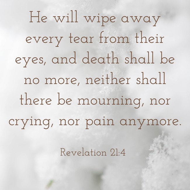 He will wipe away every tear from their eyes, and death shall be no more, neither shall there be mourning, nor crying, nor pain anymore. - Revelation 21:4