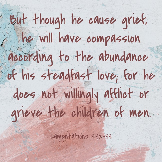 But though he cause grief, he will have compassion according to the abundance of his steadfast love; for he does not willingly afflict or grieve the children of men. - Lamentations 3:32-33