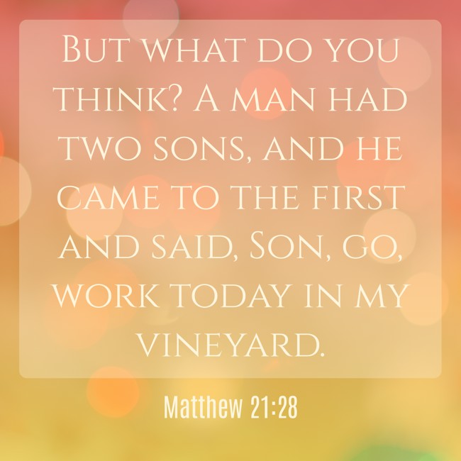 But what do you think? A man had two sons, and he came to the first and said, Son, go, work today in my vineyard. - Matthew 21:28