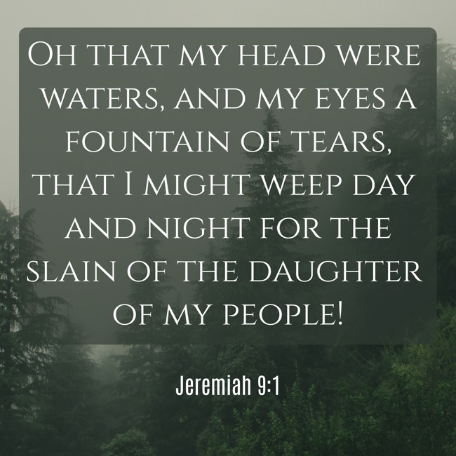 Oh that my head were waters, and my eyes a fountain of tears, that I might weep day and night for the slain of the daughter of my people! - Jeremiah 9:1