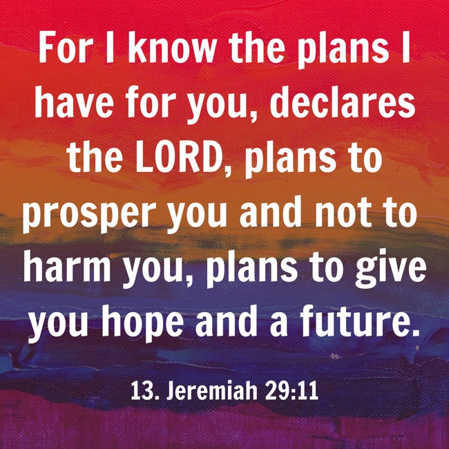 For I know the plans I have for you, declares the LORD, plans to prosper you and not to harm you, plans to give you hope and a future. - 13. Jeremiah 29:11