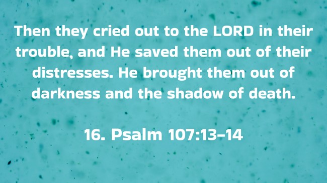 Then they cried out to the LORD in their trouble, and He saved them out of their distresses. He brought them out of darkness and the shadow of death. - 16. Psalm 107:13-14