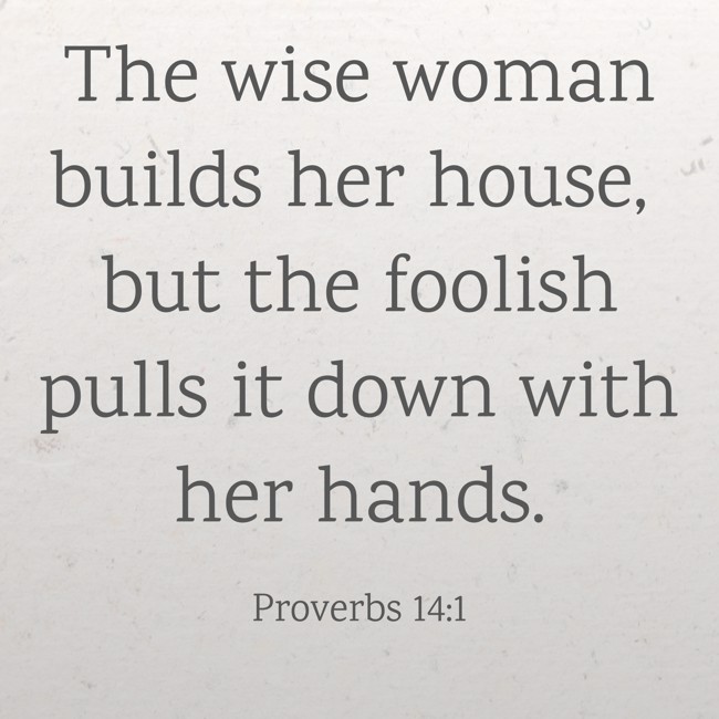 The wise woman builds her house, but the foolish pulls it down with her hands. - Proverbs 14:1