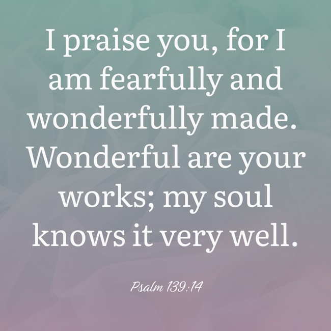 I praise you, for I am fearfully and wonderfully made. Wonderful are your works; my soul knows it very well. - Psalm 139:14