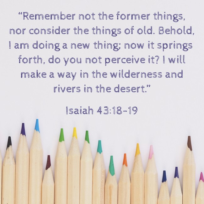 “Remember not the former things, nor consider the things of old. Behold, I am doing a new thing; now it springs forth, do you not perceive it? I will make a way in the wilderness and rivers in the desert.” - Isaiah 43:18-19