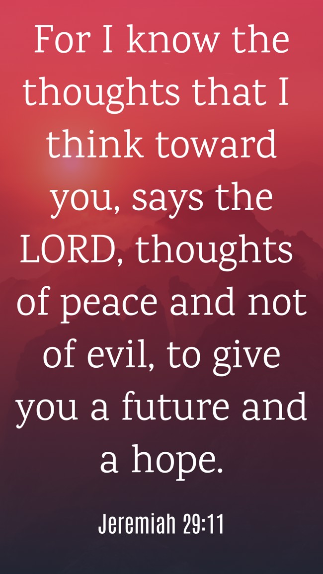 For I know the thoughts that I think toward you, says the LORD, thoughts of peace and not of evil, to give you a future and a hope. - Jeremiah 29:11