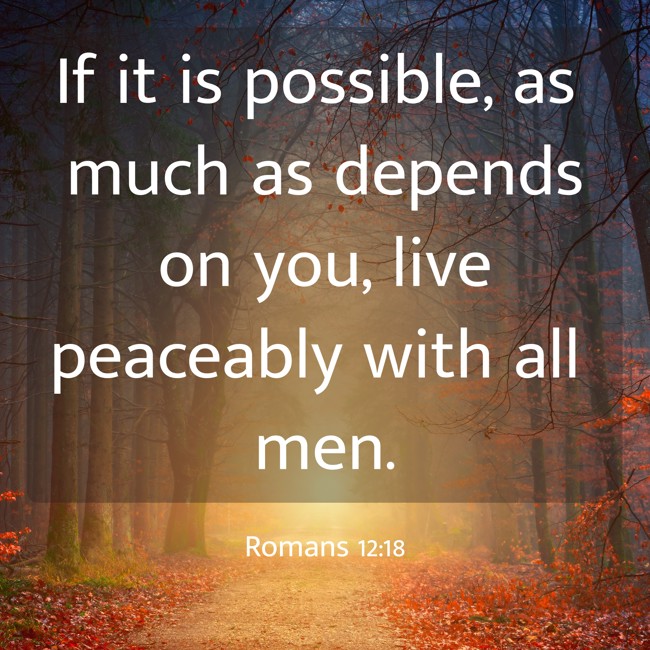 If it is possible, as much as depends on you, live peaceably with all men. - Romans 12:18