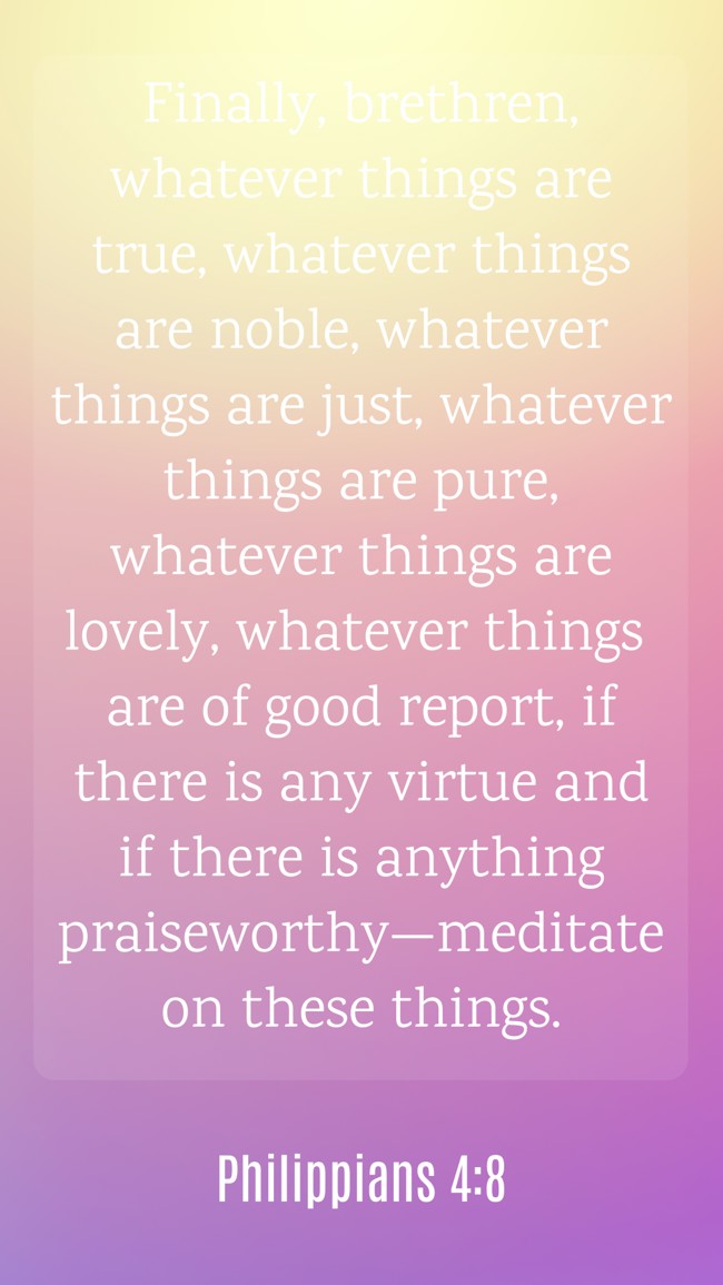 Finally, brethren, whatever things are true, whatever things are noble, whatever things are just, whatever things are pure, whatever things are lovely, whatever things are of good report, if there is any virtue and if there is anything praiseworthy—meditate on these things. - Philippians 4:8