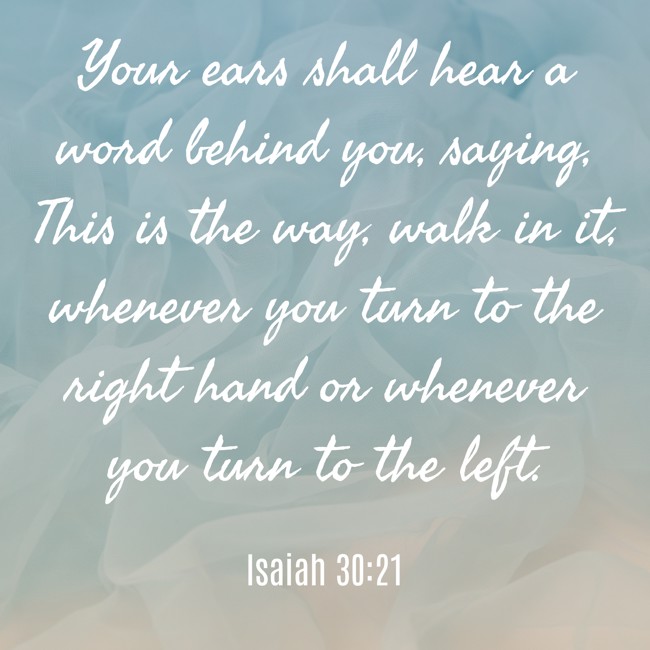  Your ears shall hear a word behind you, saying, This is the way, walk in it, whenever you turn to the right hand or whenever you turn to the left.   - Isaiah 30:21 