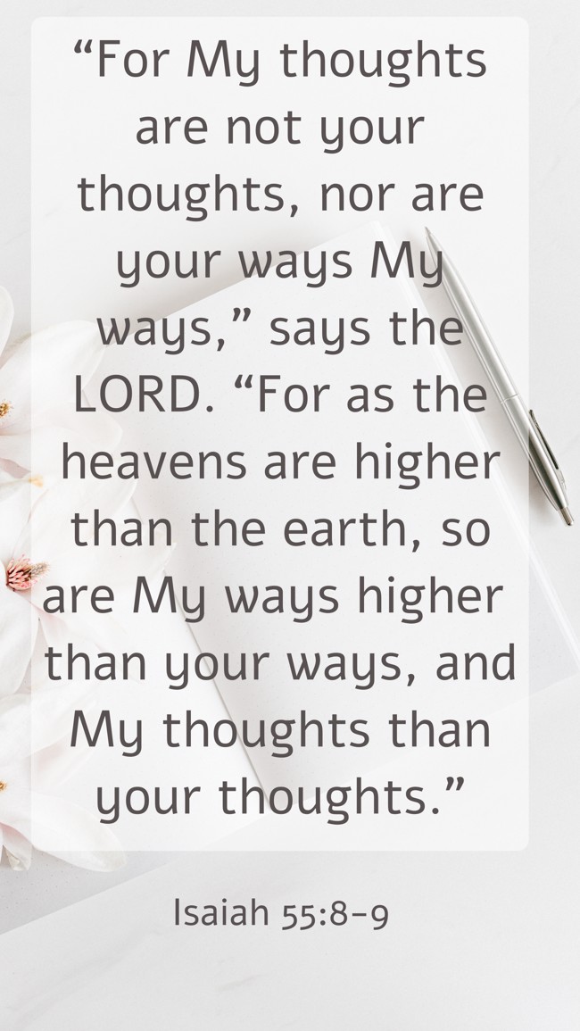  “For My thoughts are not your thoughts, nor are your ways My ways,” says the LORD. “For as the heavens are higher than the earth, so are My ways higher than your ways, and My thoughts than your thoughts.”   - Isaiah 55:8-9 