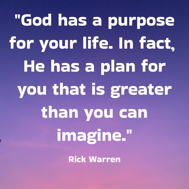  God has a purpose for your life. In fact, He has a plan for you that is greater than you can imagine.   - Rick Warren 