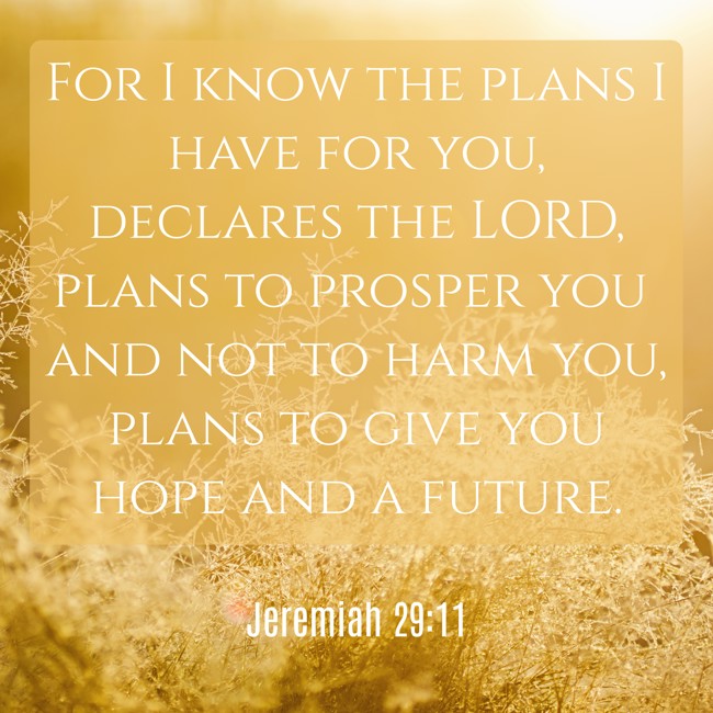For I know the plans I have for you, declares the LORD, plans to prosper you and not to harm you, plans to give you hope and a future. - Jeremiah 29:11