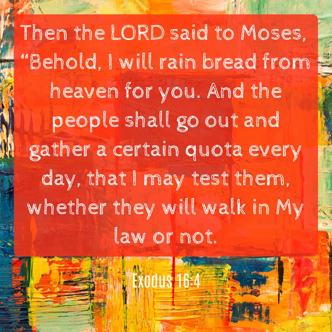 Then the LORD said to Moses, “Behold, I will rain bread from heaven for you. And the people shall go out and gather a certain quota every day, that I may test them, whether they will walk in My law or not. - Exodus 16:4