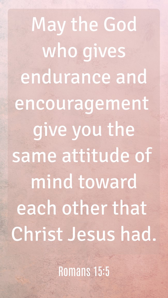 May the God who gives endurance and encouragement give you the same attitude of mind toward each other that Christ Jesus had. - Romans 15:5