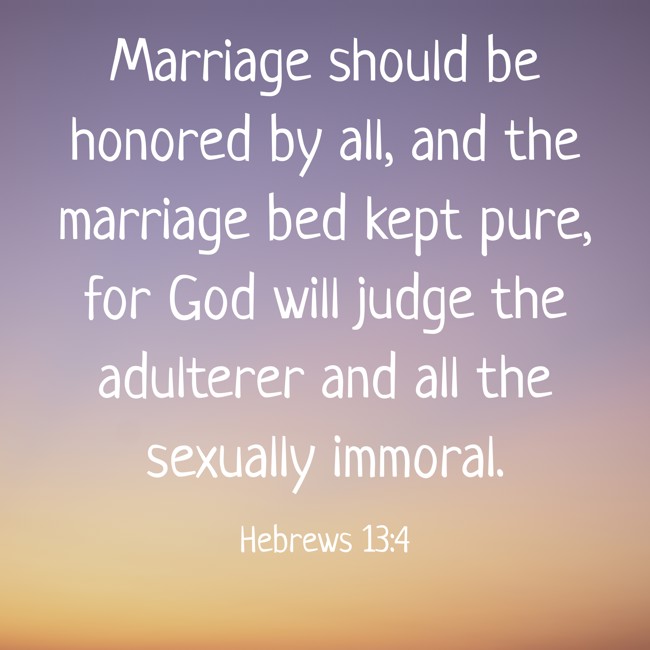 Marriage should be honored by all, and the marriage bed kept pure, for God will judge the adulterer and all the sexually immoral. - Hebrews 13:4