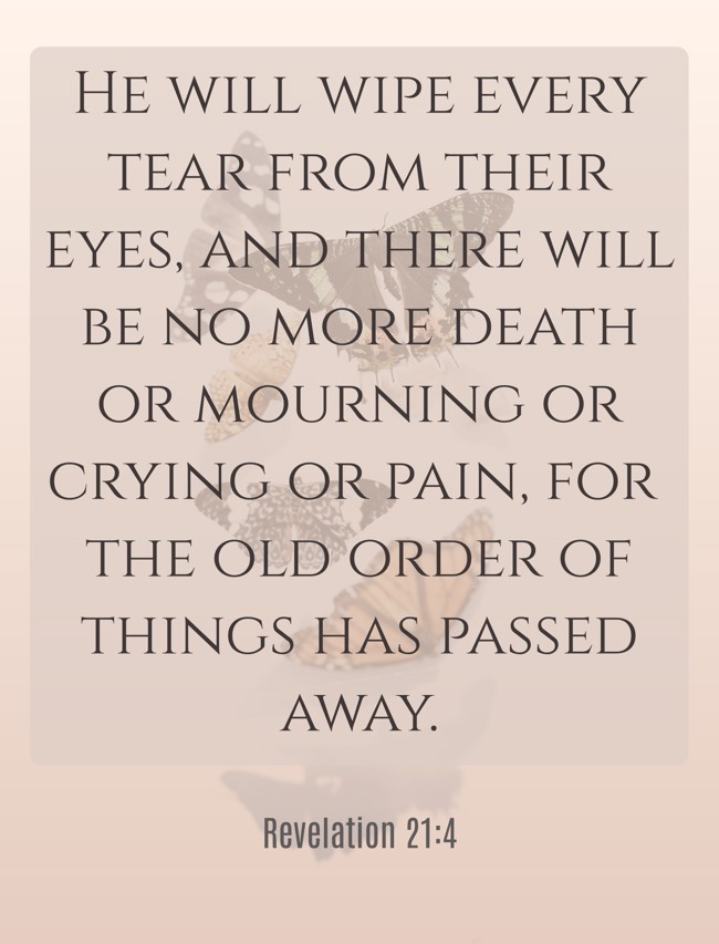 He will wipe every tear from their eyes, and there will be no more death or mourning or crying or pain, for the old order of things has passed away. - Revelation 21:4