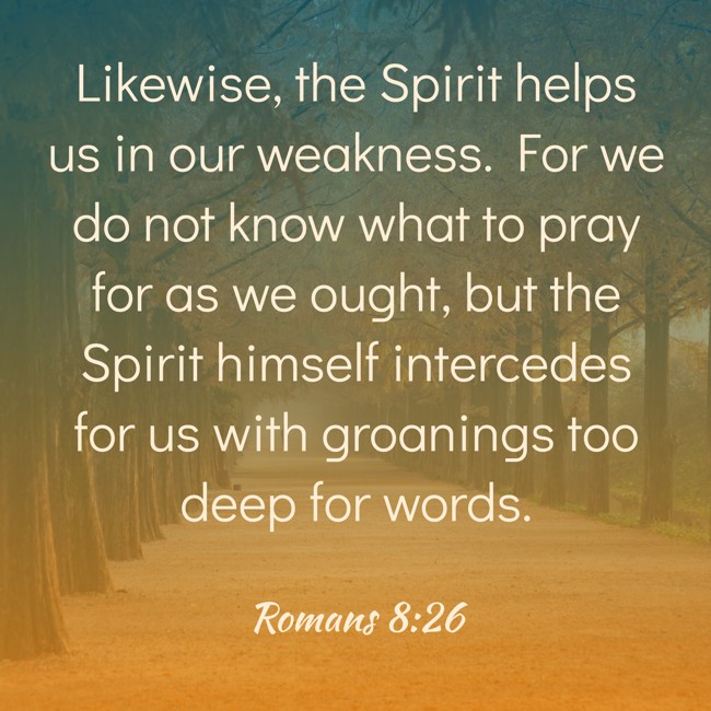 Likewise, the Spirit helps us in our weakness. For we do not know what to pray for as we ought, but the Spirit himself intercedes for us with groanings too deep for words. - Romans 8:26