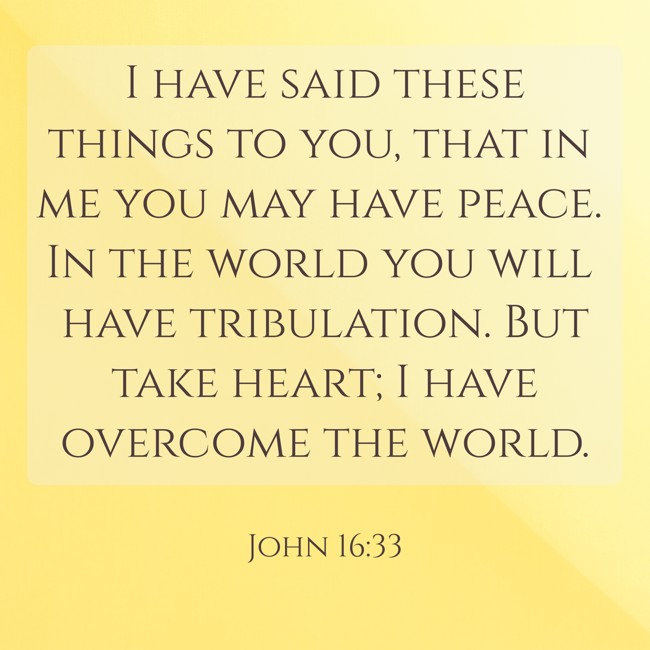 I have said these things to you, that in me you may have peace. In the world you will have tribulation. But take heart; I have overcome the world. - John 16:33