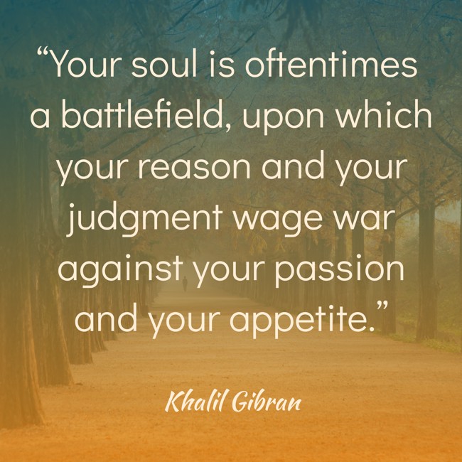 “Your soul is oftentimes a battlefield, upon which your reason and your judgment wage war against your passion and your appetite.” - Khalil Gibran