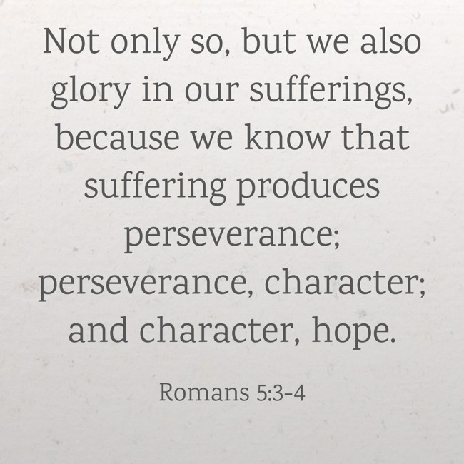 Not only so, but we also glory in our sufferings, because we know that suffering produces perseverance; perseverance, character; and character, hope. - Romans 5:3-4