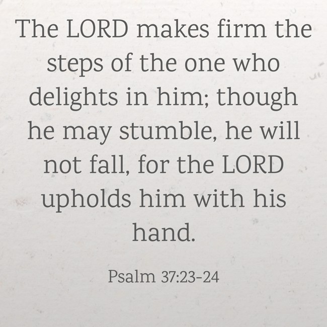 The LORD makes firm the steps of the one who delights in him; though he may stumble, he will not fall, for the LORD upholds him with his hand. - Psalm 37:23-24