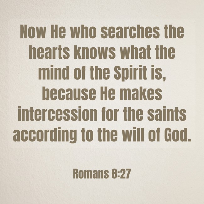 Now He who searches the hearts knows what the mind of the Spirit is, because He makes intercession for the saints according to the will of God. - Romans 8:27