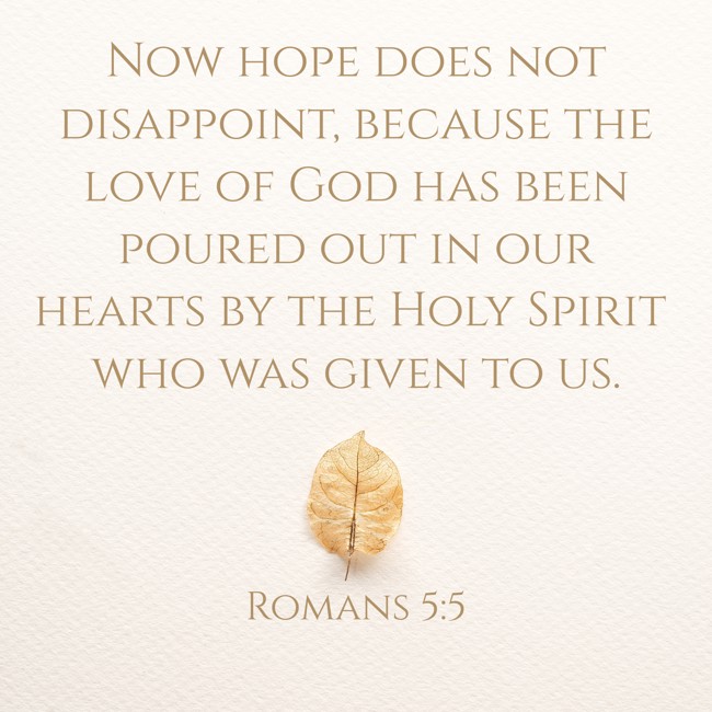 Now hope does not disappoint, because the love of God has been poured out in our hearts by the Holy Spirit who was given to us. - Romans 5:5