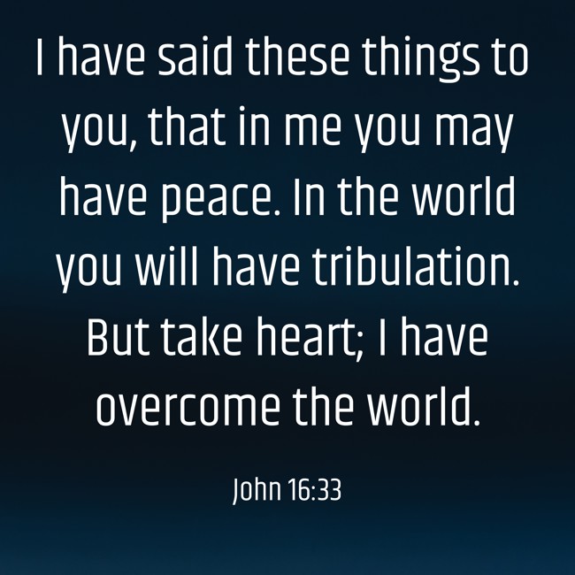 I have said these things to you, that in me you may have peace. In the world you will have tribulation. But take heart; I have overcome the world. - John 16:33