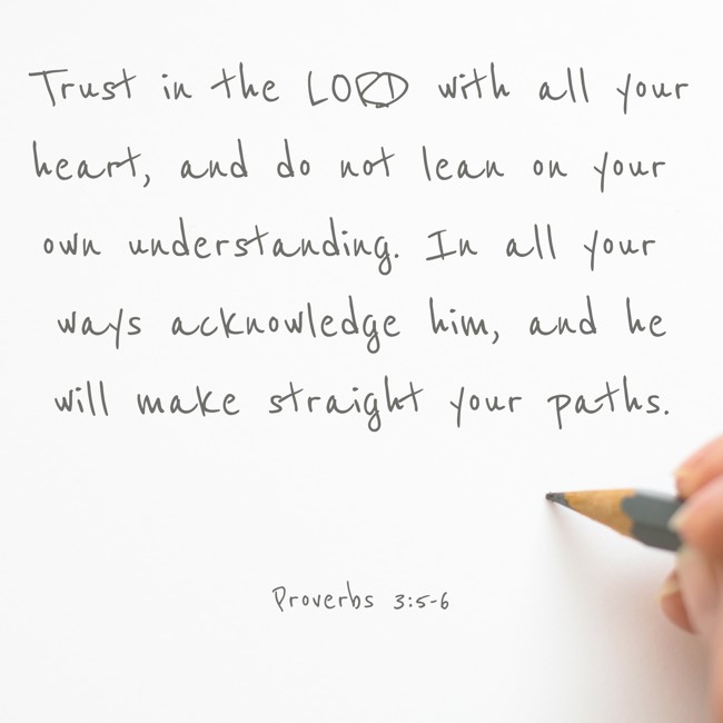 Trust in the LORD with all your heart, and do not lean on your own understanding. In all your ways acknowledge him, and he will make straight your paths. - Proverbs 3:5-6