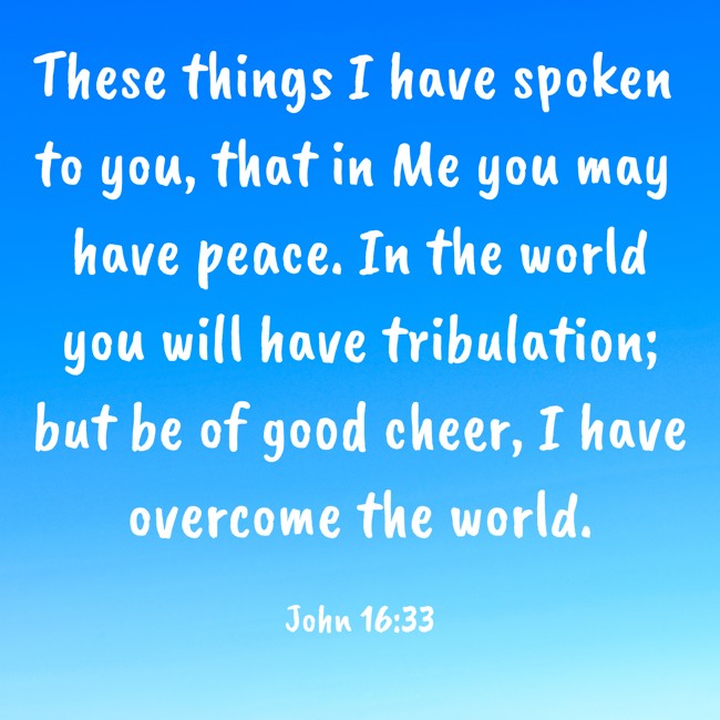 These things I have spoken to you, that in Me you may have peace. In the world you will have tribulation; but be of good cheer, I have overcome the world. - John 16:33