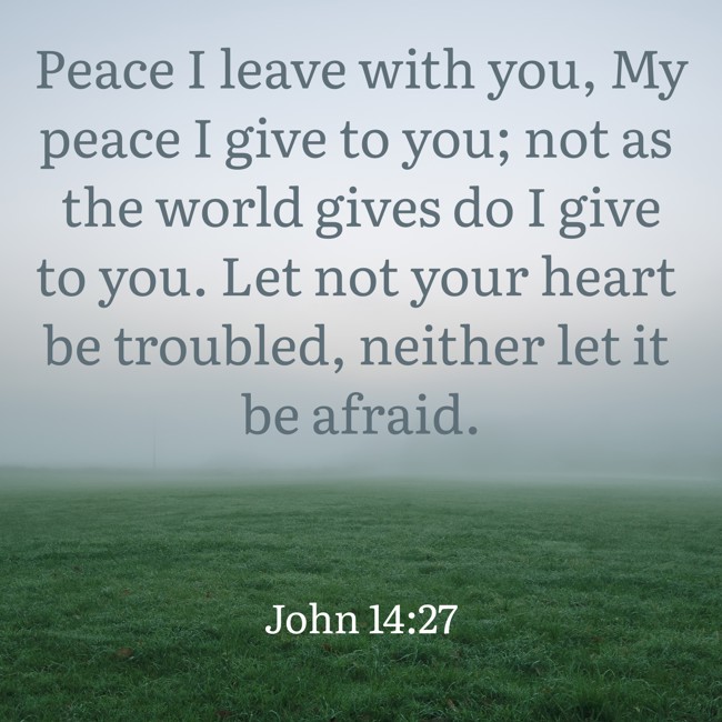 Peace I leave with you, My peace I give to you; not as the world gives do I give to you. Let not your heart be troubled, neither let it be afraid. - John 14:27