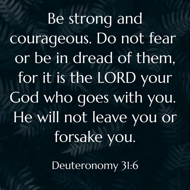 Be strong and courageous. Do not fear or be in dread of them, for it is the LORD your God who goes with you. He will not leave you or forsake you. - Deuteronomy 31:6