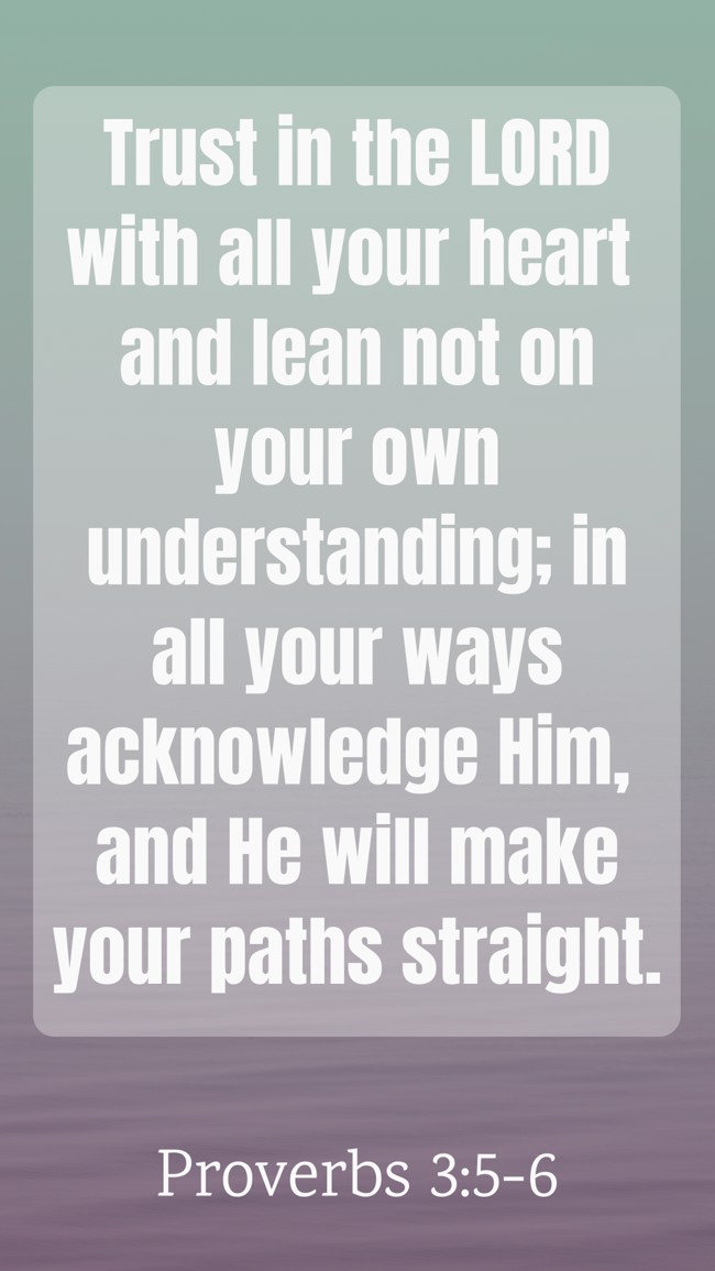Trust in the LORD with all your heart and lean not on your own understanding; in all your ways acknowledge Him, and He will make your paths straight. - Proverbs 3:5-6