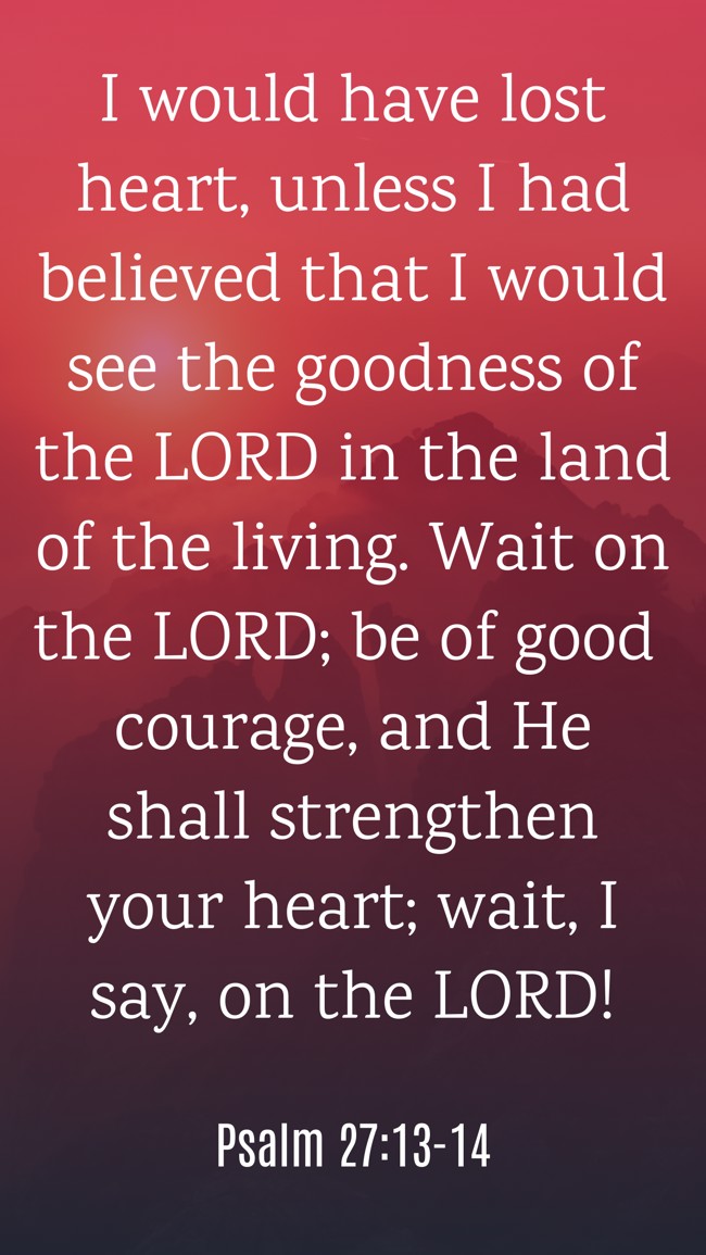 I would have lost heart, unless I had believed that I would see the goodness of the LORD in the land of the living. Wait on the LORD; be of good courage, and He shall strengthen your heart; wait, I say, on the LORD! - Psalm 27:13-14
