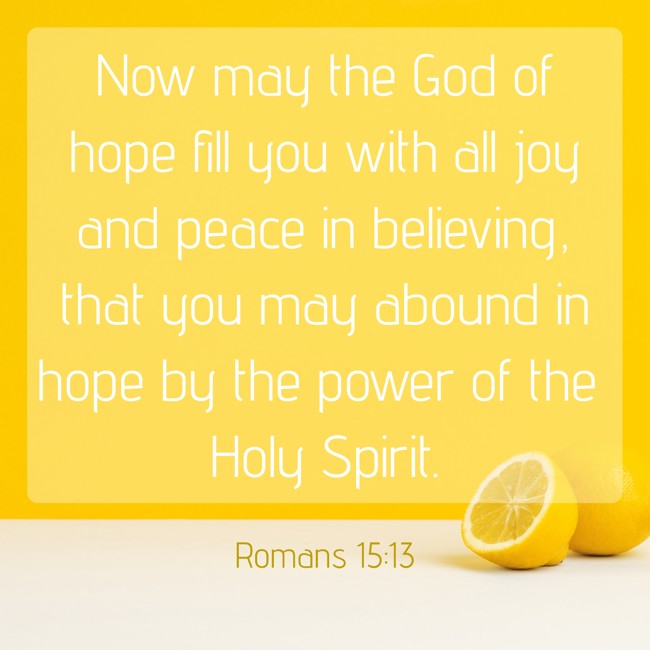Now may the God of hope fill you with all joy and peace in believing, that you may abound in hope by the power of the Holy Spirit. - Romans 15:13