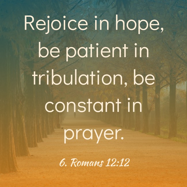 Rejoice in hope, be patient in tribulation, be constant in prayer. - 6. Romans 12:12