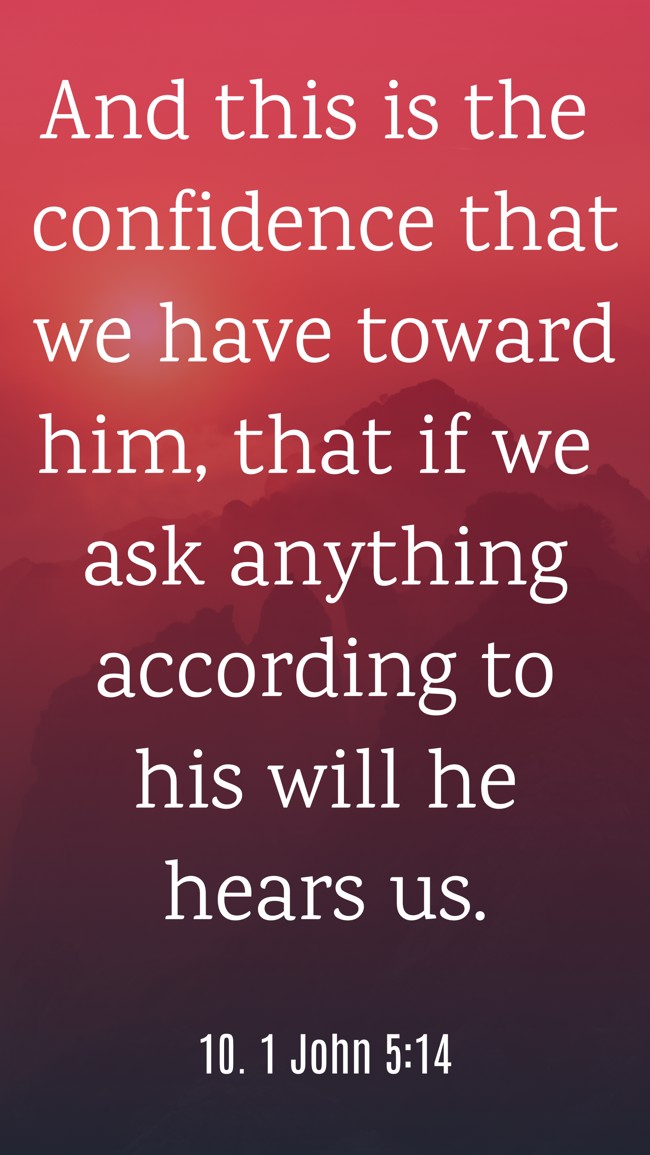 And this is the confidence that we have toward him, that if we ask anything according to his will he hears us. - 10. 1 John 5:14