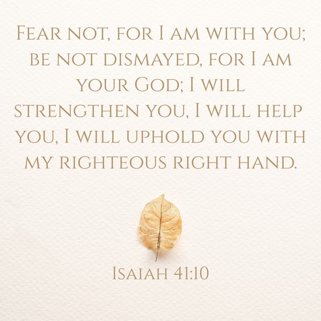 Fear not, for I am with you; be not dismayed, for I am your God; I will strengthen you, I will help you, I will uphold you with my righteous right hand. - Isaiah 41:10