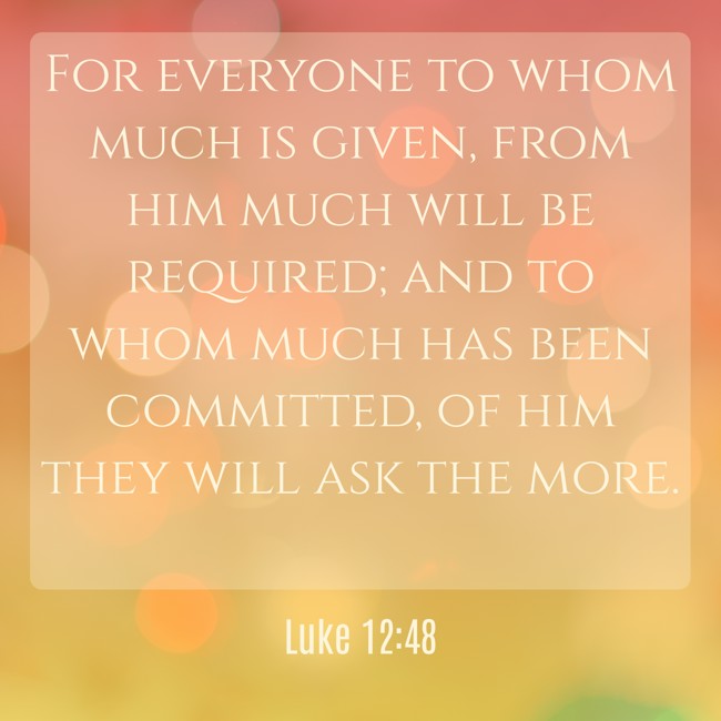 For everyone to whom much is given, from him much will be required; and to whom much has been committed, of him they will ask the more. - Luke 12:48