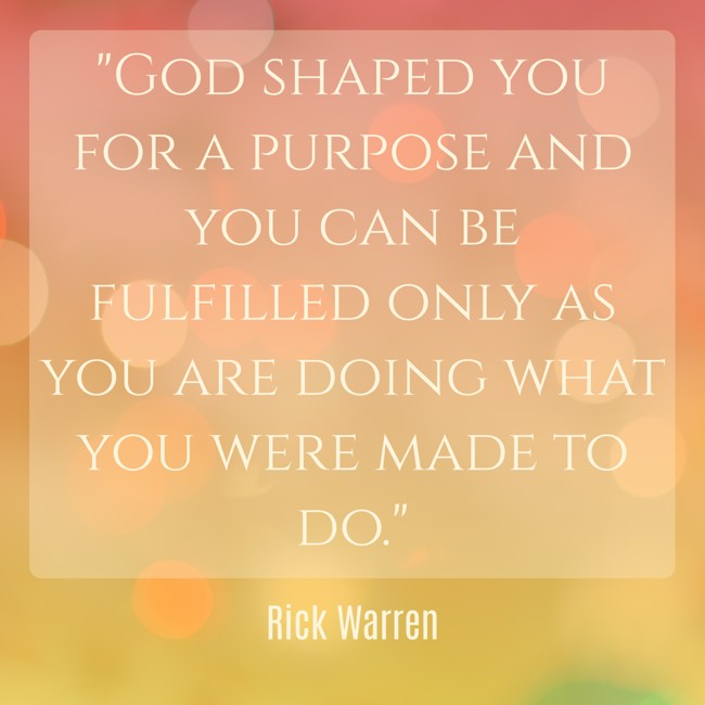God shaped you for a purpose and you can be fulfilled only as you are doing what you were made to do. - Rick Warren