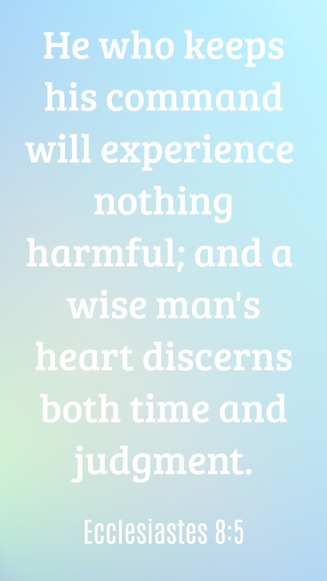 He who keeps his command will experience nothing harmful; and a wise man's heart discerns both time and judgment. - Ecclesiastes 8:5