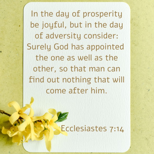 In the day of prosperity be joyful, but in the day of adversity consider: Surely God has appointed the one as well as the other, so that man can find out nothing that will come after him. - Ecclesiastes 7:14
