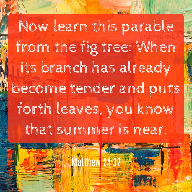Now learn this parable from the fig tree: When its branch has already become tender and puts forth leaves, you know that summer is near. - Matthew 24:32