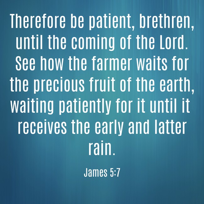 Therefore be patient, brethren, until the coming of the Lord. See how the farmer waits for the precious fruit of the earth, waiting patiently for it until it receives the early and latter rain. - James 5:7