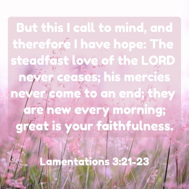 But this I call to mind, and therefore I have hope: The steadfast love of the LORD never ceases; his mercies never come to an end; they are new every morning; great is your faithfulness. - Lamentations 3:21-23