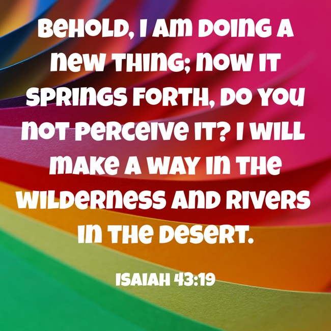 Behold, I am doing a new thing; now it springs forth, do you not perceive it? I will make a way in the wilderness and rivers in the desert. - Isaiah 43:19