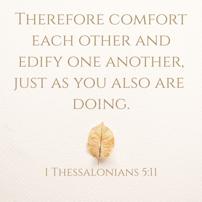 Therefore comfort each other and edify one another, just as you also are doing. - 1 Thessalonians 5:11