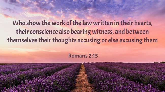 Who show the work of the law written in their hearts, their conscience also bearing witness, and between themselves their thoughts accusing or else excusing them - Romans 2:15