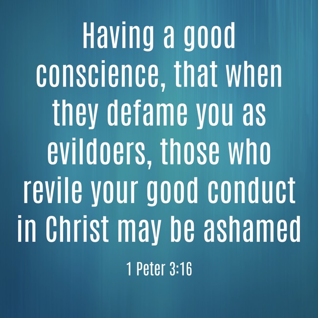 Having a good conscience, that when they defame you as evildoers, those who revile your good conduct in Christ may be ashamed - 1 Peter 3:16
