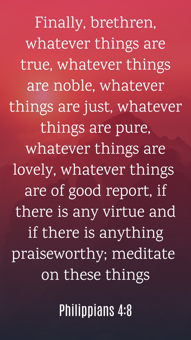 Finally, brethren, whatever things are true, whatever things are noble, whatever things are just, whatever things are pure, whatever things are lovely, whatever things are of good report, if there is any virtue and if there is anything praiseworthy; meditate on these things - Philippians 4:8
